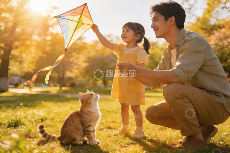 高清大图下载【趣麦麦图】父女放风筝猫咪仰望