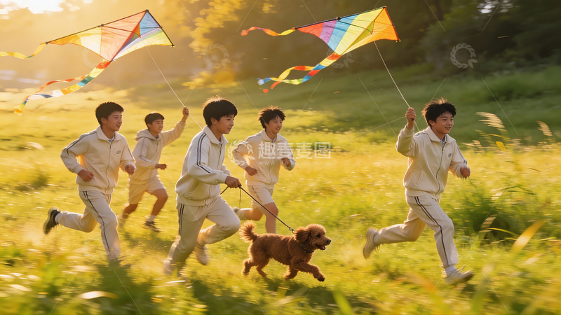 高清大图下载【趣麦麦图】少年奔跑放风筝草地欢乐场景