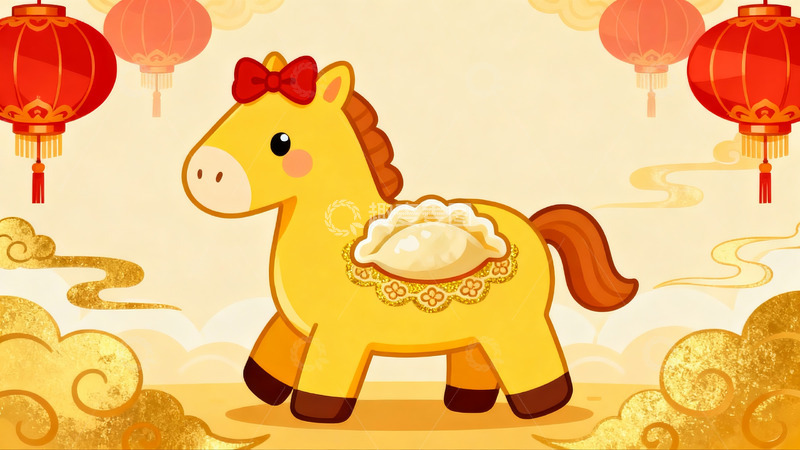 高清大图下载【趣麦麦图】卡通马挂饺子灯笼迎新春