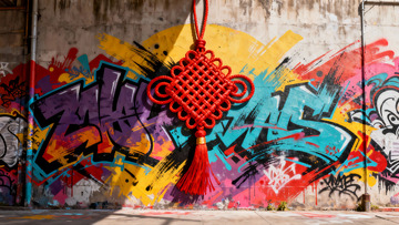街头艺术墙上的中国结装饰