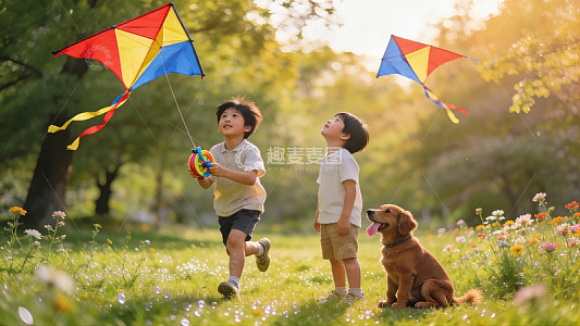 儿童公园放风筝欢乐场景