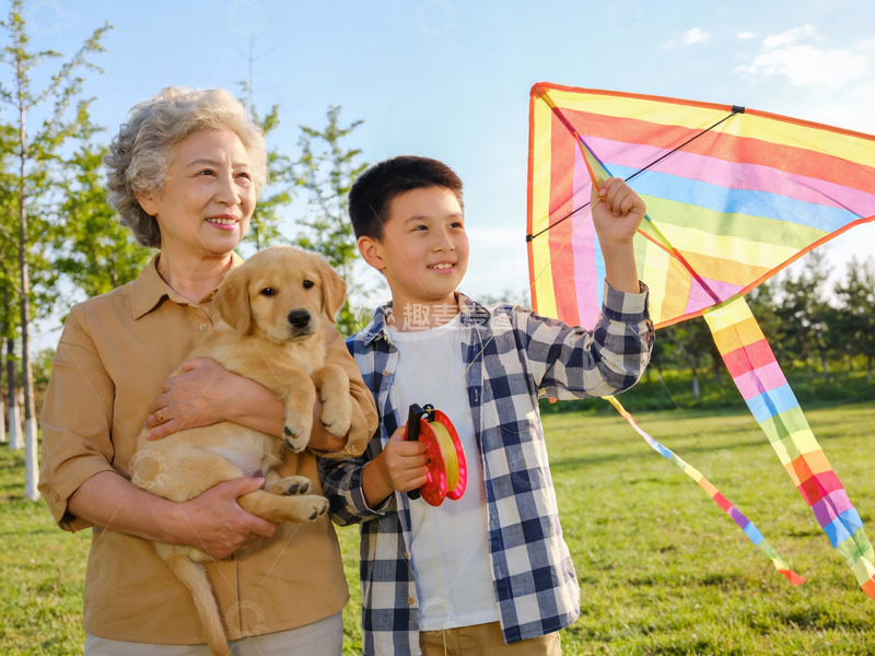 高清大图下载【趣麦麦图】祖孙户外放风筝与宠物狗