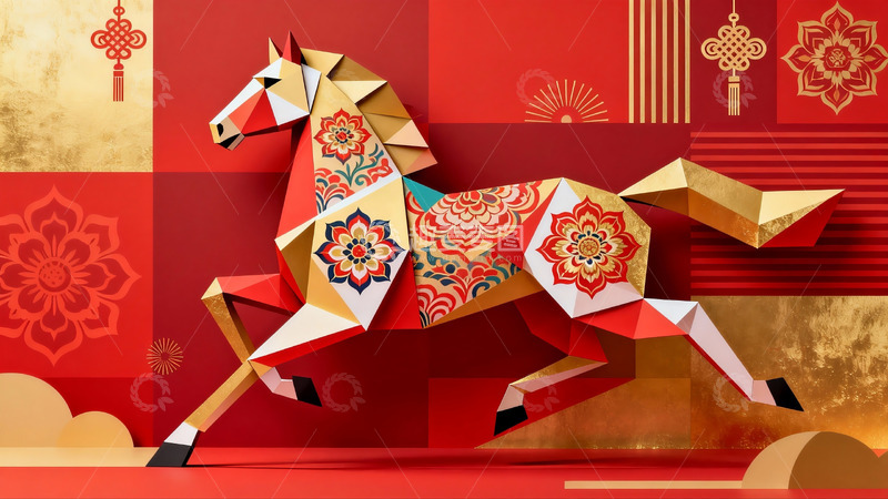 高清大图下载【趣麦麦图】红色背景下的折纸马艺术作品