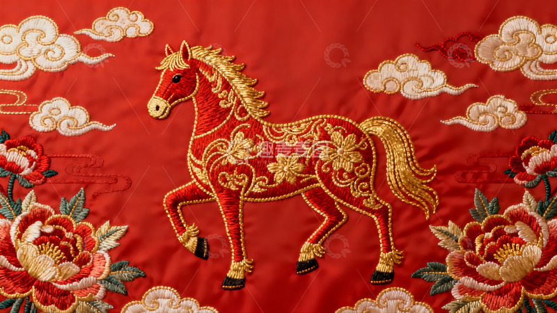 高清大图下载【趣麦麦图】红色刺绣马匹图案精美绝伦
