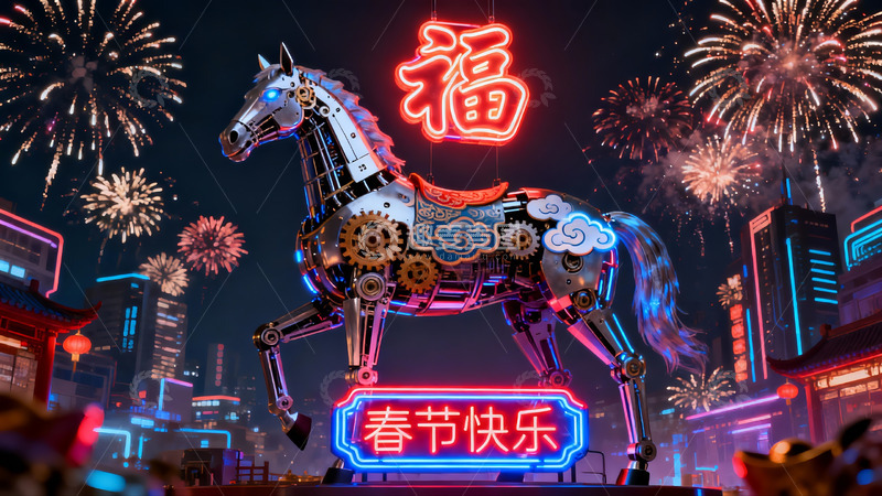 高清大图下载【趣麦麦图】机械马烟花夜景迎新春