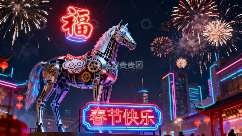 高清大图下载【趣麦麦图】机械马烟花夜景迎新春