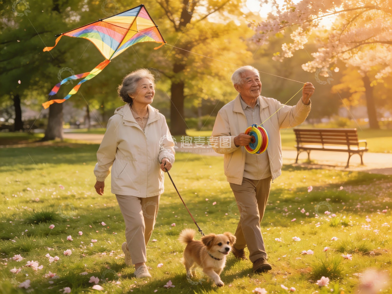 高清大图下载【趣麦麦图】老夫妻公园放风筝遛狗