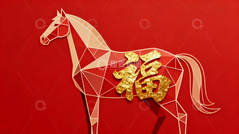 高清大图下载【趣麦麦图】红色背景几何马与福字图案