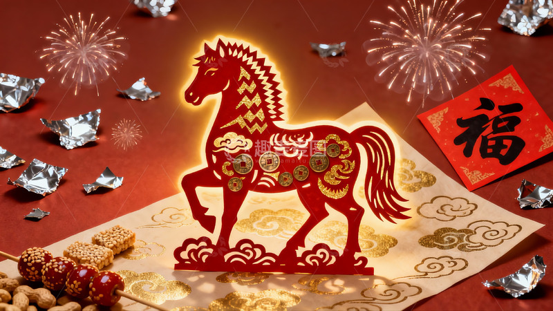 高清大图下载【趣麦麦图】春节剪纸马与烟花装饰