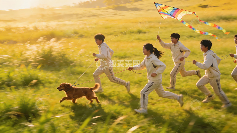 高清大图下载【趣麦麦图】青春奔跑放风筝