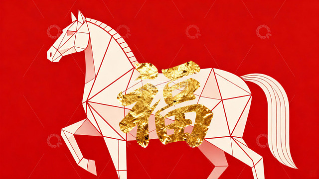 红色背景几何马与金色福字
