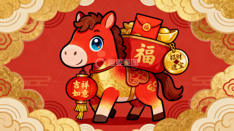 高清大图下载【趣麦麦图】红色骏马携福袋灯笼迎新春