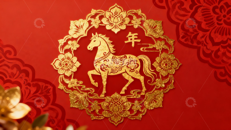 高清大图下载【趣麦麦图】红色背景金色剪纸马年图案