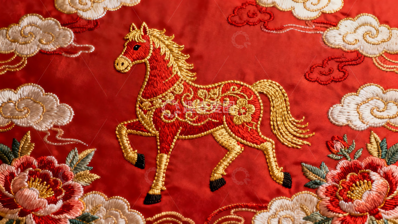 高清大图下载【趣麦麦图】红色布料上的金色马刺绣图案