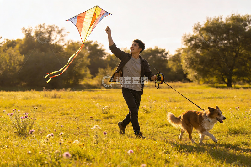 高清大图下载【趣麦麦图】男子草地放风筝牵狗