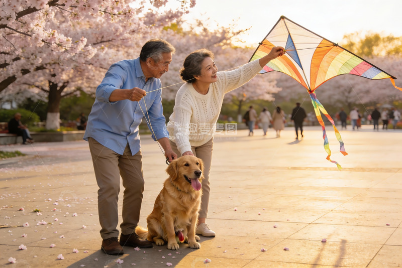 高清大图下载【趣麦麦图】老人公园放风筝与宠物狗