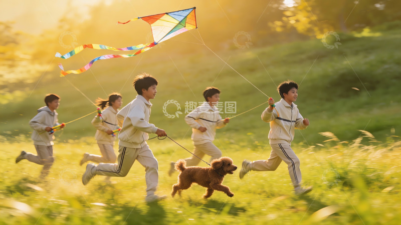 高清大图下载【趣麦麦图】孩子们草地上放风筝奔跑