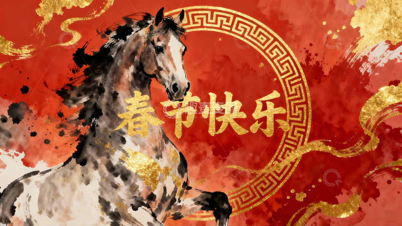 高清大图下载【趣麦麦图】水墨骏马迎春图