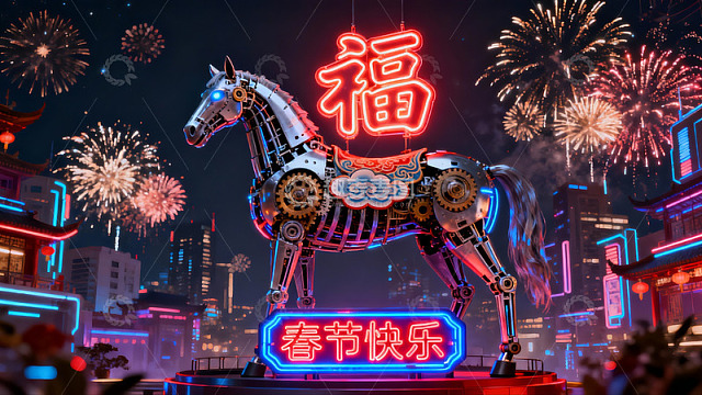 机械马烟花夜景迎新春