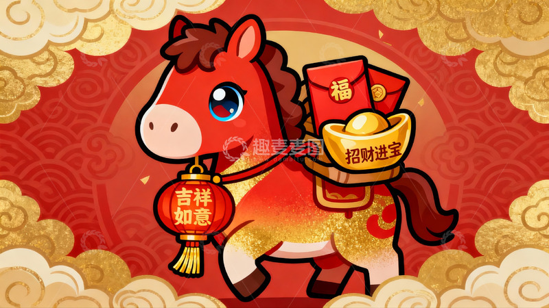 高清大图下载【趣麦麦图】红色卡通马背宝物迎新春