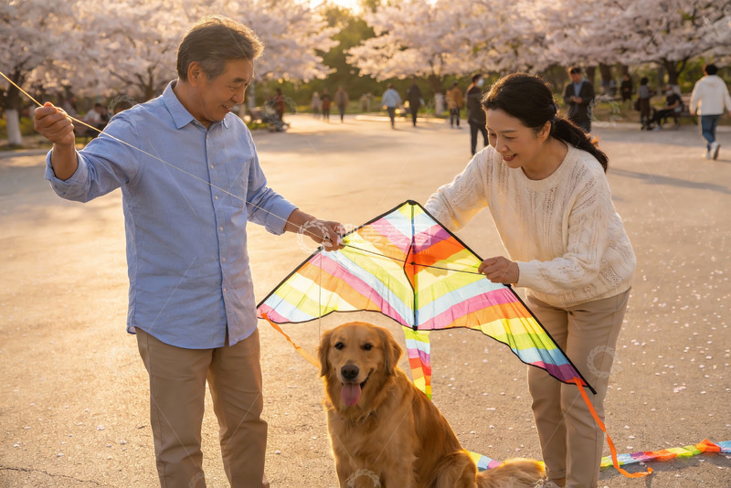 高清大图下载【趣麦麦图】公园放风筝的老人与狗
