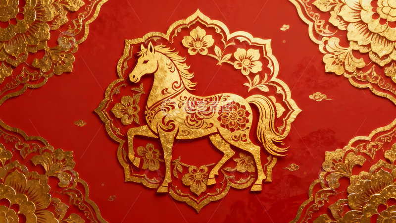 高清大图下载【趣麦麦图】红色背景金色马纹样图案