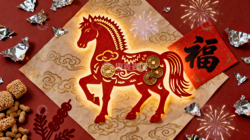 高清大图下载【趣麦麦图】春节剪纸马与烟花装饰