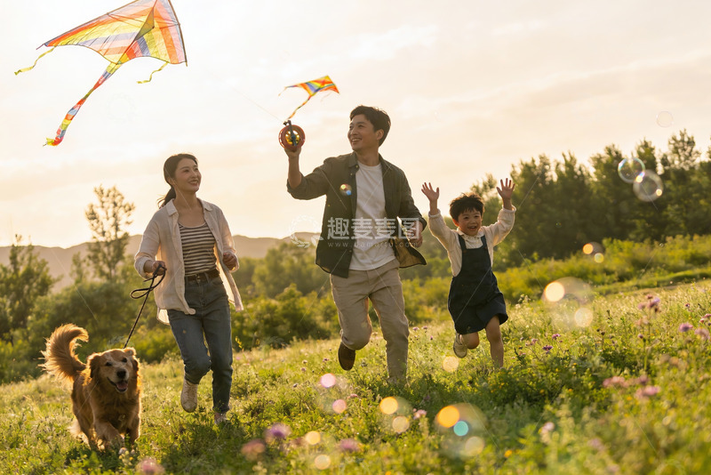 高清大图下载【趣麦麦图】家庭户外放风筝欢乐场景