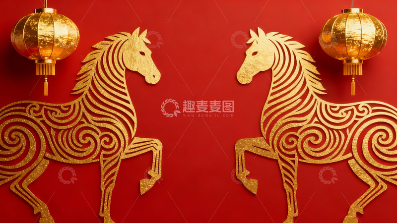 高清大图下载【趣麦麦图】红色背景金色马灯剪纸图案