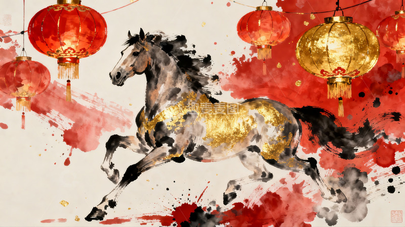 高清大图下载【趣麦麦图】水墨骏马红灯笼迎新春