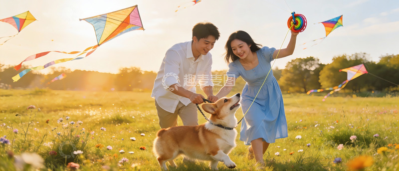 高清大图下载【趣麦麦图】情侣草地放风筝与宠物狗