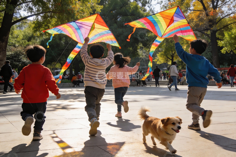 高清大图下载【趣麦麦图】孩子们公园放风筝欢乐奔跑
