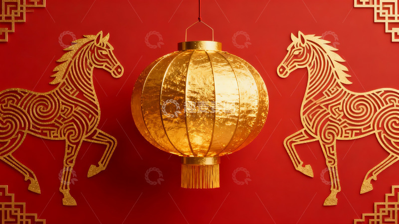 高清大图下载【趣麦麦图】红色背景金色马灯装饰图案