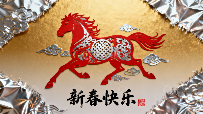 高清大图下载【趣麦麦图】红色骏马剪纸新春贺图