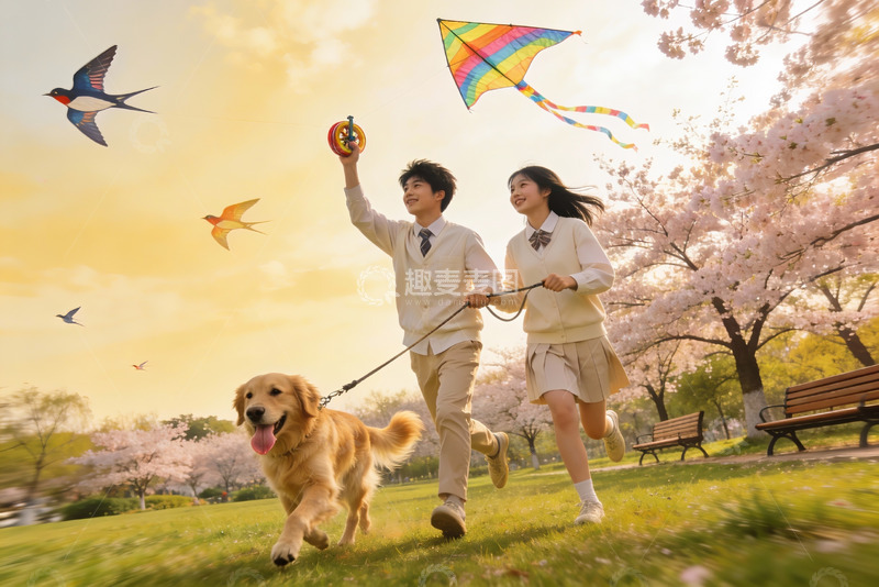 高清大图下载【趣麦麦图】樱花树下放风筝遛狗