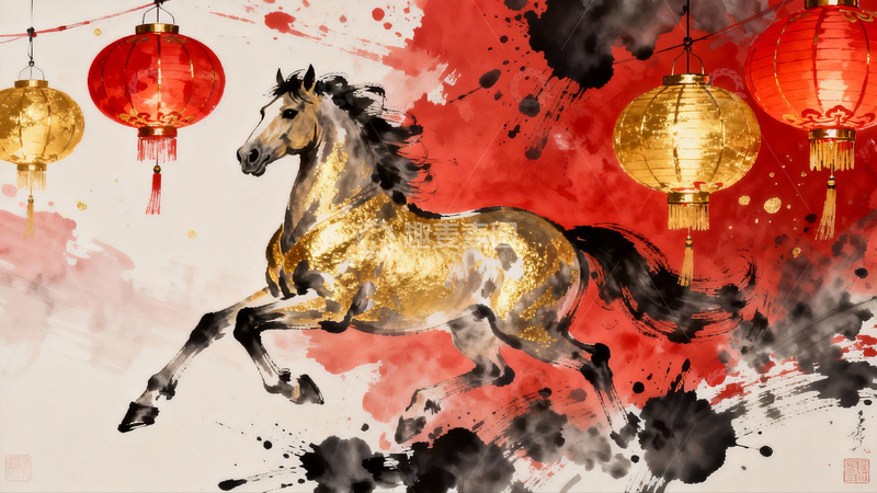 高清大图下载【趣麦麦图】奔腾骏马与红灯笼水墨画