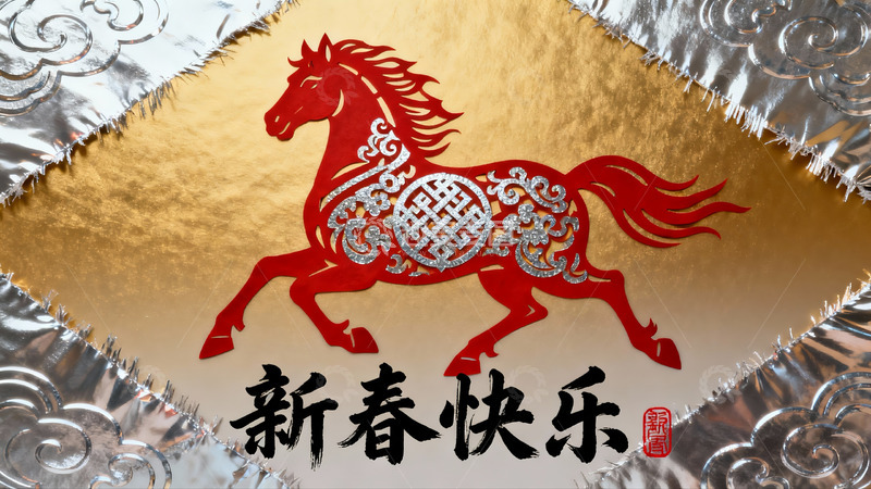 高清大图下载【趣麦麦图】红色骏马剪纸新春祝福图
