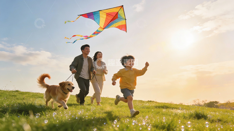 高清大图下载【趣麦麦图】一家三口草地放风筝