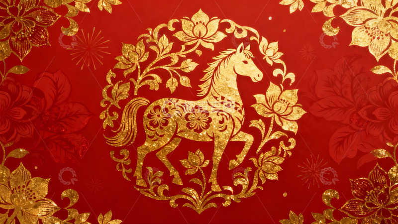 高清大图下载【趣麦麦图】红色背景金色马纹样图案