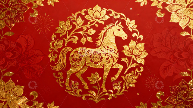 红色背景金色马纹样图案