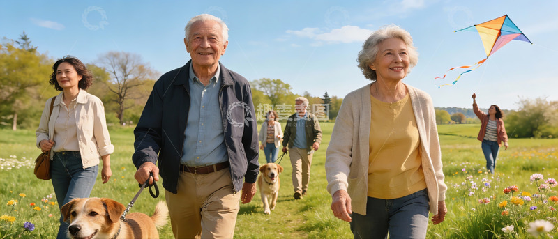 高清大图下载【趣麦麦图】老人遛狗放风筝户外休闲