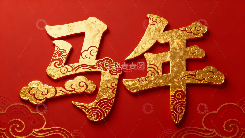 高清大图下载【趣麦麦图】红色背景金色马年字样