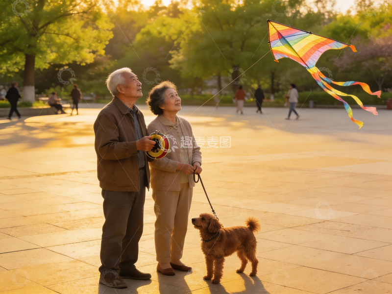 高清大图下载【趣麦麦图】老年夫妇公园放风筝遛狗