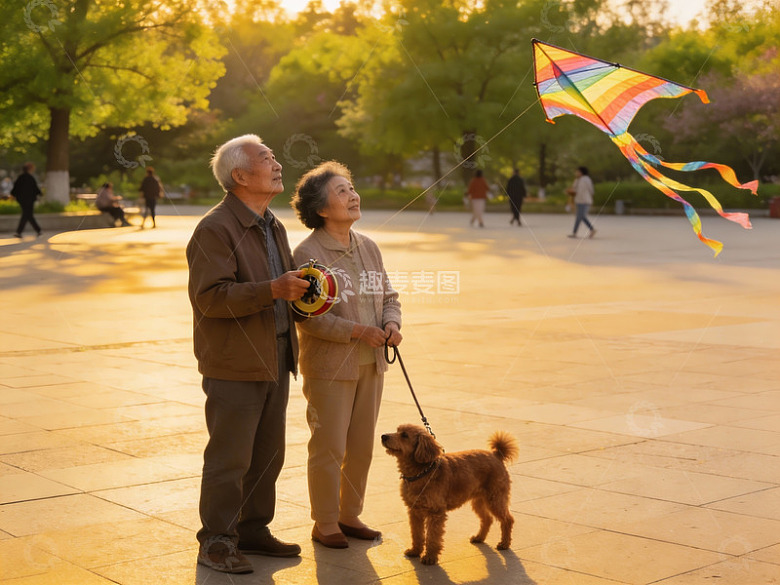 老年夫妇公园放风筝遛狗