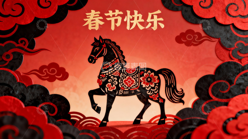 高清大图下载【趣麦麦图】春节剪纸艺术马年图案