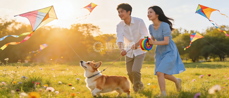 高清大图下载【趣麦麦图】情侣公园放风筝遛狗