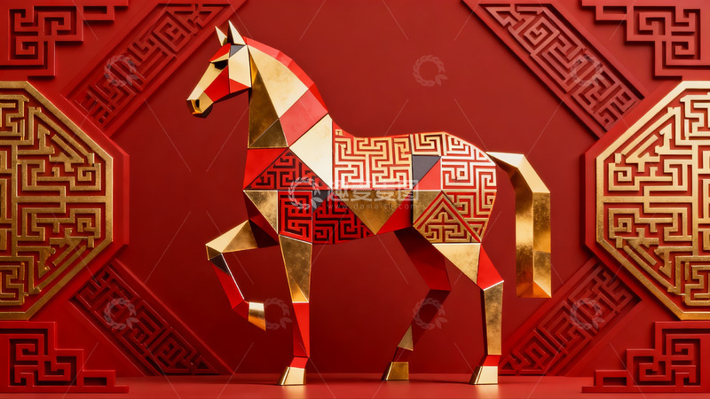 高清大图下载【趣麦麦图】红色背景上的立体马艺术造型