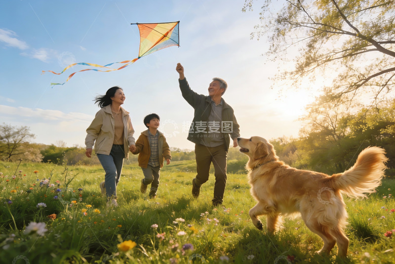 高清大图下载【趣麦麦图】家庭户外放风筝欢乐场景