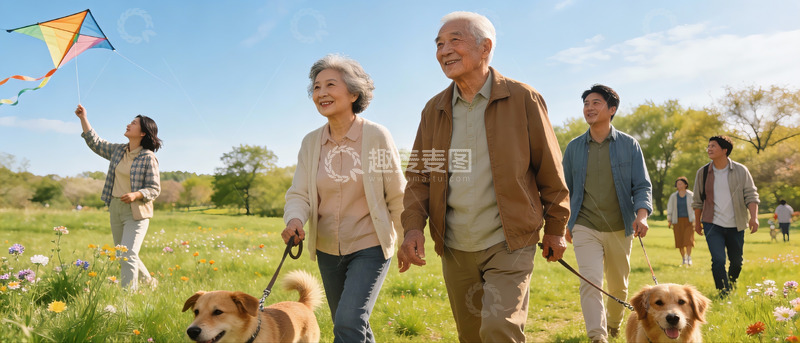 高清大图下载【趣麦麦图】三代同堂户外放风筝遛狗