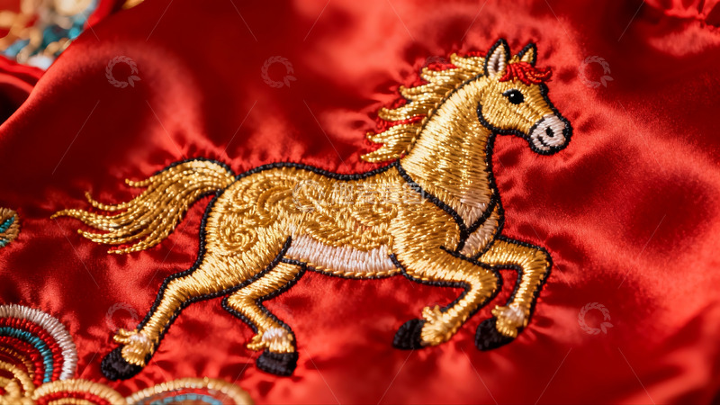高清大图下载【趣麦麦图】红色布料上的金色马刺绣图案